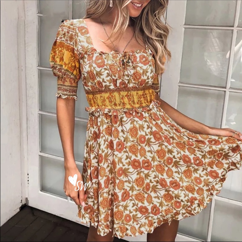 Boho Floral Smocked Mini Dress - Rust & Cream